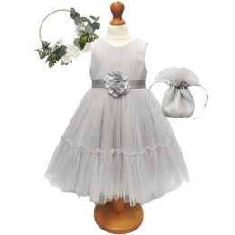 Girls Light Grey Organza Dress with Flower Sash